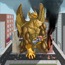 abs anthro balls beak biceps blood blood_in_mouth blood_on_face blood_on_hand bodily_fluids brown_body building building_destruction city city_background city_destruction cityscape claws crush destruction erection extreme_size_difference feathered_wings feathers feet finger_claws fingers fire genitals gore gore_focus macro male muscular muscular_anthro muscular_male nude outside pecs penetration penile penis size_difference sky smile solo tail vehicle vehicle_destruction vehicle_penetrated wings cloak_and_dirk mythology carpo avian gryphon mythological_avian mythological_creature 1:1 hi_res