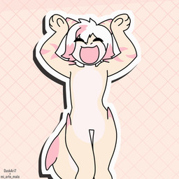 anthro dancing eyes_closed fur fur_markings hair happy markings open_mouth outline pattern_background pink_ears pink_hair pink_markings simple_background solo tail tan_body tan_ears tan_fur white_body white_fur white_hair duskari7 caramelldansen 1:1 2026 2d_animation animated hi_res meme watermark