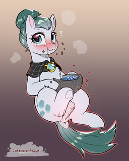 animal_genitalia animal_vulva anus black_capelet black_clothing black_eyebrows blue_eyes blue_gem blush blush_lines capelet chewing clothing cutie_mark dock_(anatomy) eating equine_anus equine_genitalia equine_vulva eyebrows eyelashes female female_feral feral fur gem genitals geode glistening glistening_eyes gradient_background grey_background grey_hair grey_tail hair hair_bun hooves looking_aside mouth_closed pink_inner_ear puffy_anus pupils question_mark semi-anthro simple_background solo tail text unguligrade vulva white_anus white_body white_ears white_fur white_hooves white_vulva cold-blooded-twilight friendship_is_magic hasbro my_little_pony cloudy_quartz_(mlp) earth_pony equid equine horse mammal pony 2026 4:5 artist_name hi_res