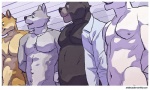 american_black_bear anthro artdecade bear black_bear black_body black_fur border bottomless canid canine canis chart clothed clothing collarbone domestic_dog facial_markings fox fur grey_body grey_fur group hands_behind_back head_markings height_chart jewelry looking_aside male mammal markings muscular muscular_male muzzle_(marking) navel necklace nipples open_clothing open_shirt open_topwear partially_clothed pecs scar shirt smile snout snout_markings standing tan_body tan_fur text topless topwear undressing url ursine white_body white_border white_fur wolf