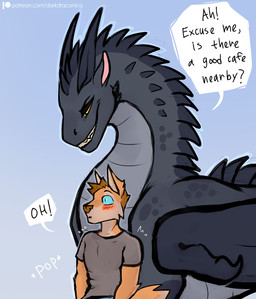 anthro black_body black_scales black_spikes blue_eyes blush blush_lines brown_hair bumping clothing dialogue duo female feral fur hair larger_female larger_feral long_neck male membrane_(anatomy) membranous_wings neck_spikes onomatopoeia orange_body orange_fur pop_(sound_effect) scales shirt size_difference smaller_anthro smaller_male smile smirk sound_effects speech_bubble tail text topwear ventral_scales wide_eyed wings yellow_eyes darkdraconica european_mythology mythology darky_(darkdraconica) dave_(darkdraconica) canid canine dragon fox mammal mythological_creature mythological_scalie scalie western_dragon digital_media_(artwork) english_text url