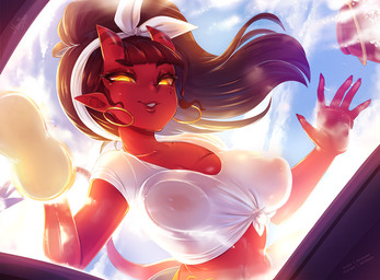 against_surface big_breasts breast_squish breasts breasts_on_glass clothed clothing crop_top ear_piercing ear_ring female freckles glistening glistening_body glistening_clothing horn looking_at_viewer midriff nipples not_furry on_glass piercing red_body red_skin ring_piercing shirt smile solo spade_tail sponge squish tail text topwear wet wet_clothing wet_shirt wet_topwear yellow_eyes merunyaa meru_(merunyaa) demon demon_humanoid horned_humanoid humanoid mammal digital_media_(artwork) shaded