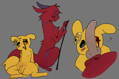 animal_genitalia blood blood_on_face blue_eyes blush blush_lines bodily_fluids clothing duo ear_flop facial_scar feral fur genital_fluids genitals hands_behind_back head_tuft headgear headwear karma_flower knot knotted_penis lobotomy male male/male melee_weapon nipples one_eye_closed one_eye_obstructed penis penis_on_face polearm questionable_consent red_body red_fur saliva saliva_string scar scars_all_over sheath size_difference spear tuft urine weapon white_eyes white_penis wound_on_face yellow_body yellow_fur artienvy rain_world videocult artificer_(rain_world) monk_(rain_world) slugcat 3:2 hi_res