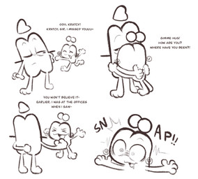 cfmot dialogue duo hug hypnosis mind_control open_mouth open_smile simple_background smile talking_to_another text white_background clockstops3am conditional_dnp stonerobjectum contest_for_millions_of_thousands object_shows kratcy_(cfmot) algebralian black_and_white comic english_text hi_res monochrome