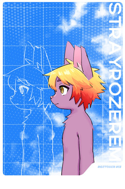 anthro cloud fur hair hands_to_side kemono looking_forward male orange_hair pink_nose purple_body purple_fur side_view solo stare text yellow_eyes young strayrozerem roze_(strayrozerem) domestic_cat felid feline felis mammal 2025 absurd_res half-length_portrait hi_res portrait
