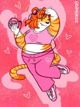 2000s_theme anthro breasts candy_(greengrizz) cd_player electronics female headphones heart_symbol pink_background simple_background slightly_chubby slightly_chubby_anthro slightly_chubby_female solo greengrizz felid mammal pantherine tiger hi_res