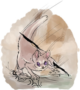 3_fingers ambiguous_gender brown_body brown_fur feral fingers fluffy fluffy_ears fluffy_tail fur holding_melee_weapon holding_object holding_polearm holding_spear holding_weapon jumping looking_at_viewer melee_weapon motion_lines polearm purple_eyes solo spear tail weapon welcometaco rain_world videocult slugcat