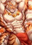 anthro armpit_hair body_hair bulge clothing countershading hands_behind_head jewelry looking_at_viewer lying male muscular muscular_anthro muscular_male necklace on_back pecs pubes smile solo underwear white_pubes rabbity nekojishi studio_klondike lin_hu felid mammal pantherine tiger hi_res