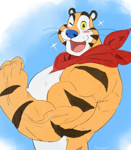 anthro biped black_eyebrows black_eyes black_whiskers blue_nose blush blush_lines eyebrows facial_markings fingers fur head_markings kerchief kerchief_only looking_at_viewer male male_anthro markings mascot mostly_nude mostly_nude_anthro mostly_nude_male multicolored_body multicolored_fur muscular muscular_anthro muscular_male neckerchief neckerchief_only neckwear one_eye_closed open_mouth open_smile orange_body orange_fur pecs red_kerchief red_neckerchief side_view smile solo sparkles striped_body striped_face striped_fur stripes text tongue tongue_showing vein veiny_muscles whiskers white_body white_fur wink winking_at_viewer yellow_sclera nekogaki0324 frosted_flakes kellogg's tony_the_tiger felid mammal pantherine tiger 2023 absurd_res artist_name digital_media_(artwork) hi_res