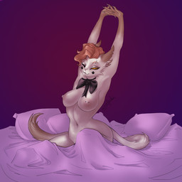 anthro bed bed_sheet bedding bow_ribbon breasts eyebrow_piercing facial_piercing female furniture hair nipple_piercing nipples nude piercing pillow solo stretching tail saint_parfachi felid mammal 1:1 absurd_res hi_res