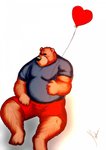 anthro balloon belly bottomwear brown_body brown_fur clothed clothing fully_clothed fur geometric_balloon heart_balloon heart_symbol holding_balloon holding_object humanoid_hands inflatable male overweight overweight_anthro overweight_male shaped_balloon shirt shorts simple_background sitting solo topwear white_background hokin_the_bear bear mammal 2014 hi_res