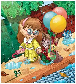anthro balloon clothing coat duo eyes_closed eyewear female glasses inflatable leaf open_mouth rain_boots raincoat raining topwear umbrella marinaneira gemma_polson marina_neira_(character) avian bird gastropod mammal mollusk rodent sciurid snail tree_squirrel hi_res