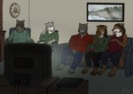 absurd_res anthro awkward_moment canid canine canis clock electronics erin_hughes_(character) family female fireplace furniture group hex_(satanic-furry) hi_res home living_room male mammal picture_frame red_wolf sex_tape shocked_expression smile smirk sofa television vcr wolf yenoc yenocwolf