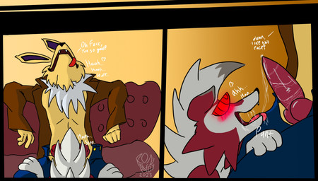 animal_genitalia anthro bodily_fluids breath clothed clothing duo erection fur genital_fluids genitals hair knot male male/male oral panting penis red_body red_fur sheath simple_background smile text yellow_body ronai_fox nintendo pokemon canid canine eeveelution generation_1_pokemon generation_7_pokemon jolteon lycanroc mammal midnight_lycanroc pokemon_(species) digital_media_(artwork) hi_res