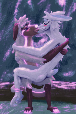 animal_genitalia anthro blush bodily_fluids butt dripping duo ears_back ears_down eyes_closed fluffy french_kissing front_view fur genitals hair happy holidays hug kiss_on_lips kissing love loving_embrace male male/male nude on_lap pink_nose pivoted_ears romantic romantic_couple saliva saliva_drip sheath simple_background sitting_on_lap tail tail_motion tongue white_body white_fur blujy mythology valentine's_day fluff_(blujy) jay_(blujy) canid canine canis domestic_dog hybrid lagomorph leporid leproid mammal mythological_creature rabbit 2026 absurd_res colored digital_drawing_(artwork) digital_media_(artwork) hi_res shaded