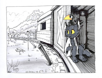ambiguous_feral ambiguous_gender anthro beak bottomwear carrying_another clothed clothing duo feral inside_train male male_anthro mouth_closed on_head open_clothing open_topwear plant shorts shrub sitting topwear train vehicle yellow_beak yellow_eyes young young_anthro young_male pandapaco avian felid mammal partially_colored