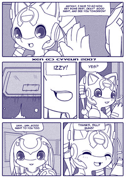 anthro detailed_background dialogue duo eyes_closed facial_markings fangs female forehead_markings head_markings machine male markings open_mouth open_smile smile talking_to_another teeth text cyyeun xen_(series) izzy_(xen) switch_(xen) robot robot_anthro 2007 artist_name blue_and_white blue_monochrome comic dated english_text monochrome