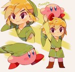 blonde_hair boots carrying_another clothing duo footwear hair hat headgear headwear humanoid_pointy_ears light_body light_skin male not_furry pointy_ears shirt shoes simple_background smile topwear tunic tokuura kirby_(series) nintendo the_legend_of_zelda wind_waker kirby toon_link alien humanoid hylian waddling_head crossover hi_res signature