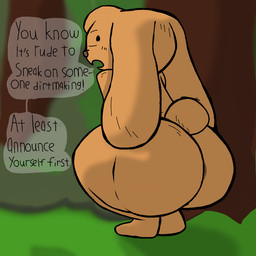 ambiguous_gender anthro big_butt brown_body brown_fur butt cotton_tail crouching floppy_ears fur grass head_tuft imminent_pooping looking_at_viewer looking_back looking_back_at_viewer nude nude_ambiguous nude_anthro open_mouth outside plant solo speech_bubble tail talking_to_viewer text tree tuft blargamie lagomorph leporid mammal rabbit 1:1 english_text female_(lore)
