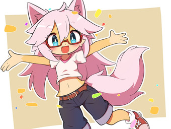 anthro blush bottomwear chibi clothing crop_top cute_fangs denim denim_bottomwear denim_clothing denim_shorts eyewear fangs female female_anthro fur glasses hair kemono looking_at_viewer midriff navel open_mouth round_glasses shirt shorts solo tail teeth tongue topwear wearing_glasses young young_anthro young_female newbear canid canine fox mammal 2024 digital_media_(artwork) hi_res
