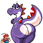 anthro belly big_butt blood bodily_fluids butt butt_focus crossed_arms duo eyebrows female looking_at_viewer looking_back looking_back_at_viewer male narrowed_eyes orange_spikes purple_body raised_eyebrow raised_tail simple_background tail thick_tail white_background white_belly lewdewott mario_bros nintendo mario human mammal purple_yoshi yoshi 2024 digital_drawing_(artwork) digital_media_(artwork) hi_res