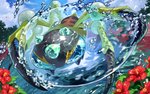 ambiguous_gender blue_eyes blue_sky bubble cloud day flower hibiscus leaf outside plant sky solo tropical water wolftapioca nintendo pokemon araquanid generation_7_pokemon pokemon_(species) 2020 hi_res