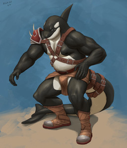 anthro armor belly big_belly biped black_body black_tail blue_eyes boots brown_boots brown_clothing brown_footwear brown_harness bulge clothing footwear harness male male_anthro mouth_closed muscular muscular_anthro muscular_male narrowed_eyes neck_fin overweight overweight_anthro overweight_male shoes solo standing tail white_body white_tail aduran nalkhan aquatic cetacean dolphin mammal oceanic_dolphin orca toothed_whale 2023 absurd_res dated hi_res signature