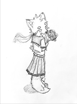 ambiguous_gender anthro asian_clothing billowing_skirt blush bottomwear bouquet bow_tie clothing east_asian_clothing flower flowing_clothing flowing_hair fur hair japanese_clothing japanese_school_uniform looking_at_viewer looking_back looking_back_at_viewer loose_socks male plant ponytail rear_view rose_(flower) school_uniform serafuku shadow simple_background skirt solo standing tulip_(flower) uniform wind wrinkles_in_clothes furrylujaah cricket_chen arctic_fox canid canine fox mammal true_fox absurd_res hi_res line_art monochrome