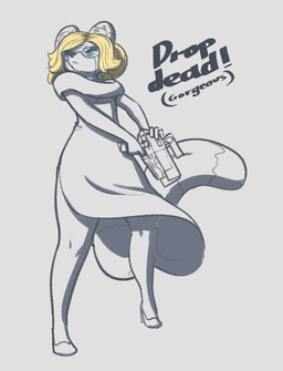 anthro blonde_hair blue_eyes clothed clothing dress evening_gown exclamation_point eyewear female fur glasses gun hair ranged_weapon simple_background solo text weapon white_background white_body white_fur feretta fallout microsoft feretta_(character) ailurid mammal red_panda digital_media_(artwork) english_text light_theme sketch