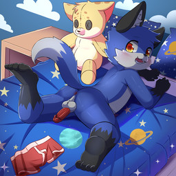 anthro anus balls bed bed_sheet bedding blush clothing furniture genitals inside looking_at_viewer looking_back male male_anthro nude on_bed open_mouth open_smile penis pillow plushie shota smile solo underwear young young_anthro young_male choki canid canine fox mammal 1:1 2025 hi_res