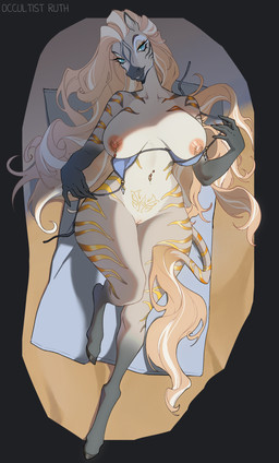 5_fingers anthro beach bedroom_eyes bikini bikini_aside bikini_top blonde_hair blue_eyes bottomless bottomless_female breasts clothed clothing clothing_aside curvy_figure female fingers genitals gold_stripes hair hooves long_hair looking_at_viewer multicolored_hair narrowed_eyes navel navel_piercing nipple_piercing nipples piercing pose seductive solo stripes swimwear swimwear_aside tail two-piece_swimsuit two_tone_hair vulva womb_tattoo occultistruth equid equine mammal zebra 2026 absurd_res alternate_version_at_source digital_media_(artwork) hi_res pinup watermark