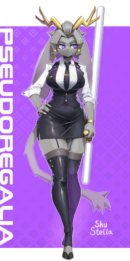 accessory anthro antlers barefoot big_breasts biped blue_eyes bottomwear bracelet breasts clothed clothing cloven_hooves dream_breaker_(pseudoregalia) eyebrows eyelashes feet female fingers front_view fully_clothed fur garter_straps grey_body grey_fur grey_hair hair hair_accessory hair_ring hand_on_hip hooves horn jewelry legwear long_legs melee_weapon necktie pattern_background pencil_skirt shirt simple_background skirt small_waist solo standing thick_thighs thigh_highs toeless_legwear topwear unguligrade weapon wide_hips shu_stella pseudoregalia sybil_(pseudoregalia) jackalope lagomorph leporid mammal rabbit 2026 absurd_res full-length_portrait hi_res portrait shaded