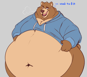 annoyed anthro belly big_belly big_butt blush bottomless breath brown_body brown_fur butt chubby_cheeks clothed clothing clothing_pull dialogue fur hoodie looking_down looking_down_at_self male moobs navel obese obese_anthro obese_male open_mouth overweight overweight_anthro overweight_male shirt shirt_pull sigh solo standing text topwear topwear_pull wide_hips razigator bear brown_bear mammal ursine english_text hi_res