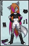 :3 anthro black_border boots border bottomless bottomwear brown_hair clothed clothing collar countershading discarded_clothing ear_piercing eyes_closed female fingerless_gloves flat_chested footwear freckles genitals gloves hair hands_on_hips handwear heart_symbol highlights_(coloring) innie_pussy long_hair navel no_underwear panties pants piercing pink_highlights pussy shirt shoes socks solo standing tail tail_motion tailwag topwear underwear young young_anthro young_female dream_mirage kayla_kitsune canid canine canis fox hybrid mammal wolf full-length_portrait hi_res portrait