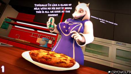anthro beverage_can big_breasts breasts clothing female food pastry pie solo text cryowolf9 warfaremachine_(modeler) undertale_(series) toriel 16:9 3d_(artwork) 4k absurd_res digital_media_(artwork) english_text hi_res source_filmmaker_(artwork) widescreen