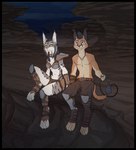 anthro black_border blue_eyes border bottomwear clothing duo female jewelry knee_pads loincloth male rock sitting yellow_eyes spectronic jakai_(spectronic) mira_(spectronic) caracal caracal_(genus) felid feline lynx mammal absurd_res hi_res