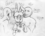 2015 animatronic anthro black_and_white blush bonnie_(fnaf) bow_(feature) bow_tie buckteeth dialogue english_text faceless_character faceless_male five_nights_at_freddy's group human inkyfrog lagomorph leporid machine male male/male mammal monochrome nude rabbit robot scottgames simple_background solo_focus teeth text traditional_media_(artwork) white_background