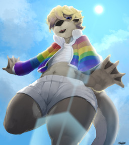 anthro blonde_hair blue_sky bottomwear brown_body brown_fur claws clothing cloud femboy fur hair hotpants jacket looking_at_viewer male membrane_(anatomy) multicolored_clothing multicolored_topwear navel otter_tail outside rainbow_clothing rainbow_jacket rainbow_topwear shorts sky smile smiling_at_viewer solo sun tan_body tan_fur thick_thighs topwear webbed_hands whiskers pandottermon parker_(pandottermon) mammal mustelid otter 2026 colored dated signature