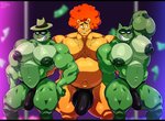 afro anthro balls belly biceps big_balls big_belly big_butt big_muscles big_nipples big_pecs big_penis black_bars bodily_fluids body_hair bulge butt chest_hair clothing erect_nipples eye_contact eyebrows falling_money fur genitals glistening glistening_body glistening_fur green_body green_fur grin group hair hand_behind_head hand_on_butt hand_on_hip hat headgear headwear hyper looking_at_another male male/male money mostly_nude multicolored_body multicolored_fur musclegut muscular muscular_anthro muscular_arms muscular_legs muscular_male muscular_thighs navel nipples orange_body orange_fur orange_hair pecs penis pink_nose pole pose presenting pubes puffy_nipples raised_arm raised_eyebrow smile smirk standing strip_club stripper stripper_pole sweat teeth thick_thighs thong tipping underwear wide_hips bobthetanuki happy_tree_friends disco_bear_(htf) lifty_(htf) shifty_(htf) bear mammal procyonid raccoon hi_res letterbox signature