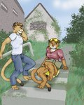 4:5 anthro blonde_hair bloodhound_(artist) book breasts brown_body brown_fur brown_hair chakona_space clothed clothing cougar dipstick_tail duo felid feline female fur hair herm_(lore) male mammal markings multicolored_tail outside stargazer_(goldfur) tail tail_markings wyatt_concolor