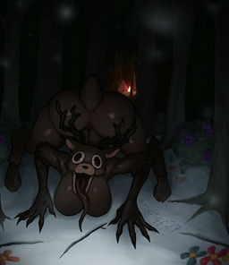 anthro antlers ass_up big_breasts big_butt black_antlers black_eyes black_horn black_nose breasts brown_body brown_fur butt female forest front_view fur horn huge_breasts huge_butt long_tongue looking_at_viewer plant snow solo tan_body tan_fur thick_thighs tongue tongue_out tree wide_hips harrystuff27 roblox deer mammal monster