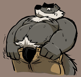 anthro belly big_belly biped black_nose bottomwear bulge clothing fur grey_body grey_fur humanoid_hands male overweight overweight_male pants simple_background solo standing white_body white_fur bencomedion beastly_crimes beastly_crimes_(2024) chief_badger badger mammal mustelid musteline 2026