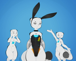 ambiguous_gender annoyed anthro bunny_costume cheerful clothing cosplay costume group ideluxiz surprised trio mammal mustelid musteline stoat true_musteline weasel absurd_res hi_res