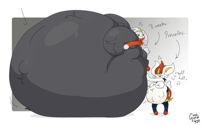 anthro belly big_belly big_breasts black_body black_eyebrows bodily_fluids breasts breath duo ears_down eyebrows eyes_closed female fetal_movement hair hand_on_another's_belly hand_on_belly hand_on_breast hand_on_own_belly hand_on_own_breast huge_belly huge_breasts hyper hyper_belly hyper_breasts hyper_pregnancy multicolored_body navel outie_navel panting pivoted_ears pregnant red_body red_eyes red_nose scut_tail short_tail sweat sweatdrop tail text three-quarter_view white_body white_ears white_hair white_tail yellow_inner_ear yellow_nose guzzlord420 nintendo pokemon cinderace generation_8_pokemon lagomorph leporid mammal pokemon_(species) rabbit raboot 2025 absurd_res cel_shading colored digital_media_(artwork) english_text hi_res shaded signature