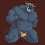 anthro areola barazoku biped blue_areola blue_body blue_fur blue_nipples bodily_fluids brown_background bulge cheek_tuft clothed clothing facial_tuft front_view fur hands_behind_back hooved_toes hooves horn kneeling male moobs musclegut muscular muscular_anthro muscular_male navel nipples open_mouth overweight overweight_anthro overweight_male pecs simple_background solo speedo speedo_only sweat swimwear tight_underwear topless tuft underwear underwear_only manlyster disney zootopia chief_bogo bovid bovine cape_buffalo mammal 1:1 2017 hi_res