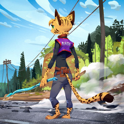 anthro arnis barefoot belt bottomwear clothing cloud collar denim denim_bottomwear denim_clothing detailed_background ear_piercing ear_ring facial_markings feet female fur green_eyes head_markings head_tuft holding_object holding_weapon jeans jersey long_sleeve_shirt long_tail markings pants piercing pointy_ears power_lines rear_view ring_piercing road shirt sky smoke solo spots spotted_body spotted_fur striped_markings stripes tail text text_on_clothing topwear torn_bottomwear torn_clothing torn_jeans torn_pants tuft utility_pole weapon yellow_body yellow_fur ruffu pepper_in_the_sandbox pepper_(ruffu) felid feline mammal serval 1:1 digital_drawing_(artwork) digital_media_(artwork)
