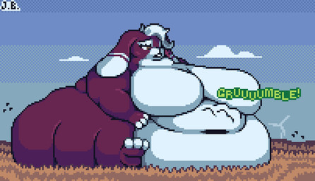 anthro belly belly_rolls big_belly big_breasts big_butt big_navel breasts brown_eyes butt countershade_torso countershading day deep_navel featureless_breasts feet female floppy_ears frown grass hair huge_belly huge_breasts huge_butt huge_hips huge_thighs hungry hyper hyper_belly hyper_breasts immobile leg_rolls lop_ears morbidly_obese morbidly_obese_anthro morbidly_obese_female multicolored_body narrowed_eyes navel nude obese obese_anthro obese_female onomatopoeia open_frown open_mouth outside overweight overweight_anthro overweight_female plant red_body rumbling_stomach sitting sky solo sound_effects text thick_thighs two_tone_body white_body white_hair wide_hips jellybru sheath_(jellybru) lagomorph leporid mammal rabbit 2024 digital_media_(artwork) pixel_(artwork) signature