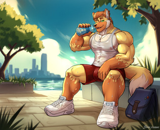 anthro backpack biceps bulge city cityscape clothing eyebrows fur green_eyes looking_at_viewer male muscular muscular_anthro muscular_male orange_body orange_fur park pecs shirt solo tan_body tan_fur tank_top topwear yellow_body yellow_fur blazekemono chester_(maned_wolf) canid canine mammal maned_wolf absurd_res hi_res