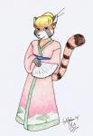 accessory anthro asian_clothing blonde_hair clothing east_asian_clothing female green_eyes hair hair_accessory hairpin hand_fan japanese_clothing kanzashi looking_at_viewer obi solo yukata hollyann ailurid mammal red_panda 2001 colored_pencil_(artwork) pen_(artwork) traditional_media_(artwork)