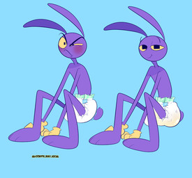 anthro before_and_after blue_background clothed clothing diaper diaper_only feces gloves handwear male pooping purple_body relieved simple_background sitting soiled_diaper soiling soiling_diaper solo straining topless unclean_diaper used_diaper using_diaper wearing_diaper yellow_sclera loonypie glitch_productions the_amazing_digital_circus jax_(tadc) lagomorph leporid mammal rabbit 2026 hi_res sequence
